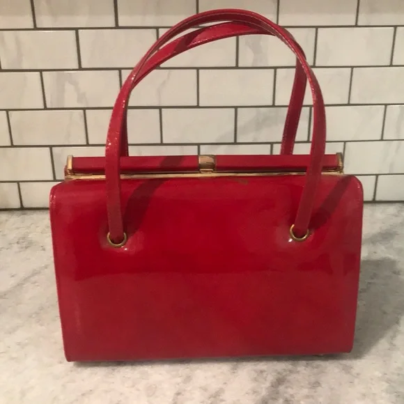 Vintage Red Patent Leather 70s Satchel Purse Womens Medium Classic Bag - Picture 2 of 12
